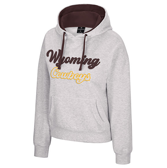 A light heather gray pullover hoodie with a dark brown hood lining and brown drawstrings. The front features 'Wyoming Cowboys' printed in dark brown and yellow across the chest.