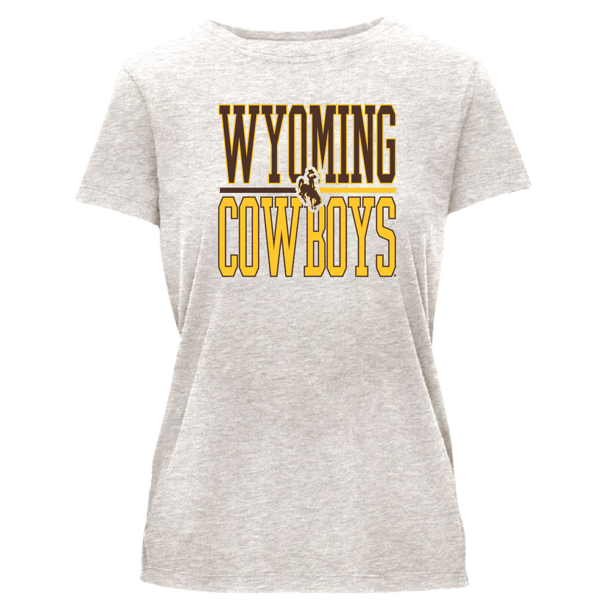 oatmeal heather women's tee shirt with design center chest. design is wyoming lettering above cowboys lettering with bucking horse in the middle. all is brown and gold