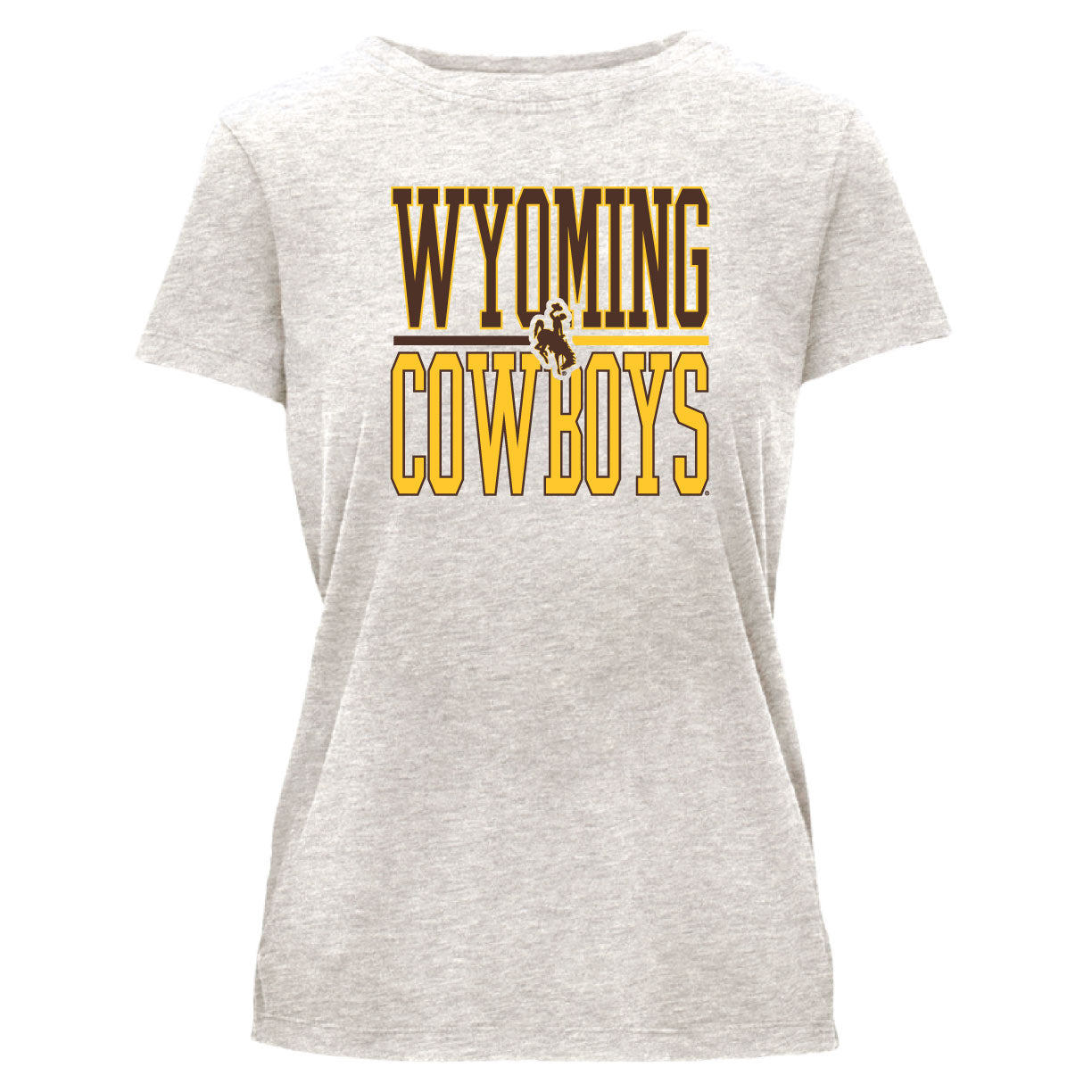 oatmeal heather women's tee shirt with design center chest. design is wyoming lettering above cowboys lettering with bucking horse in the middle. all is brown and gold