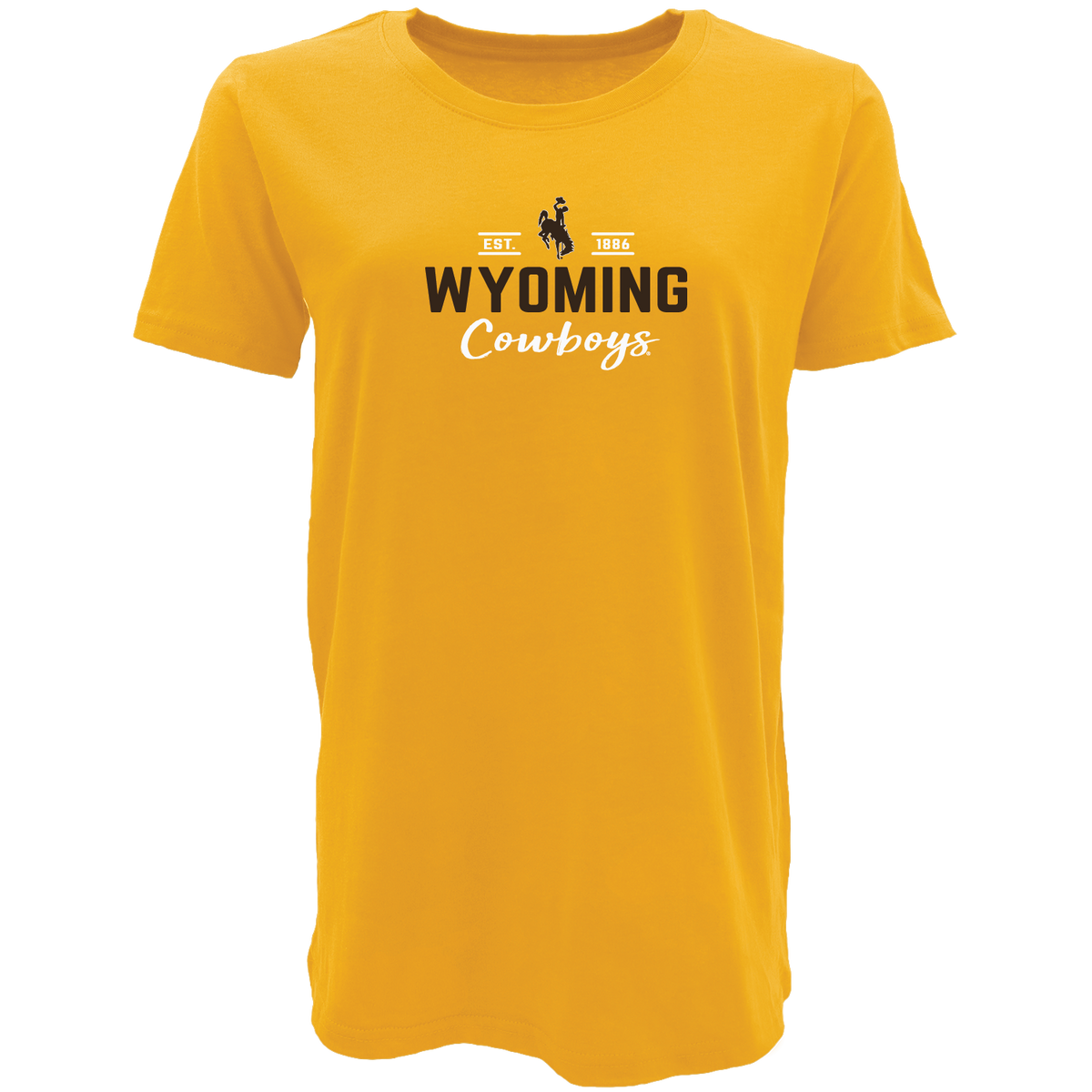 Yellow women's t-shirt with 'Wyoming Cowboys' text and bucking horse all center chest in brown and white