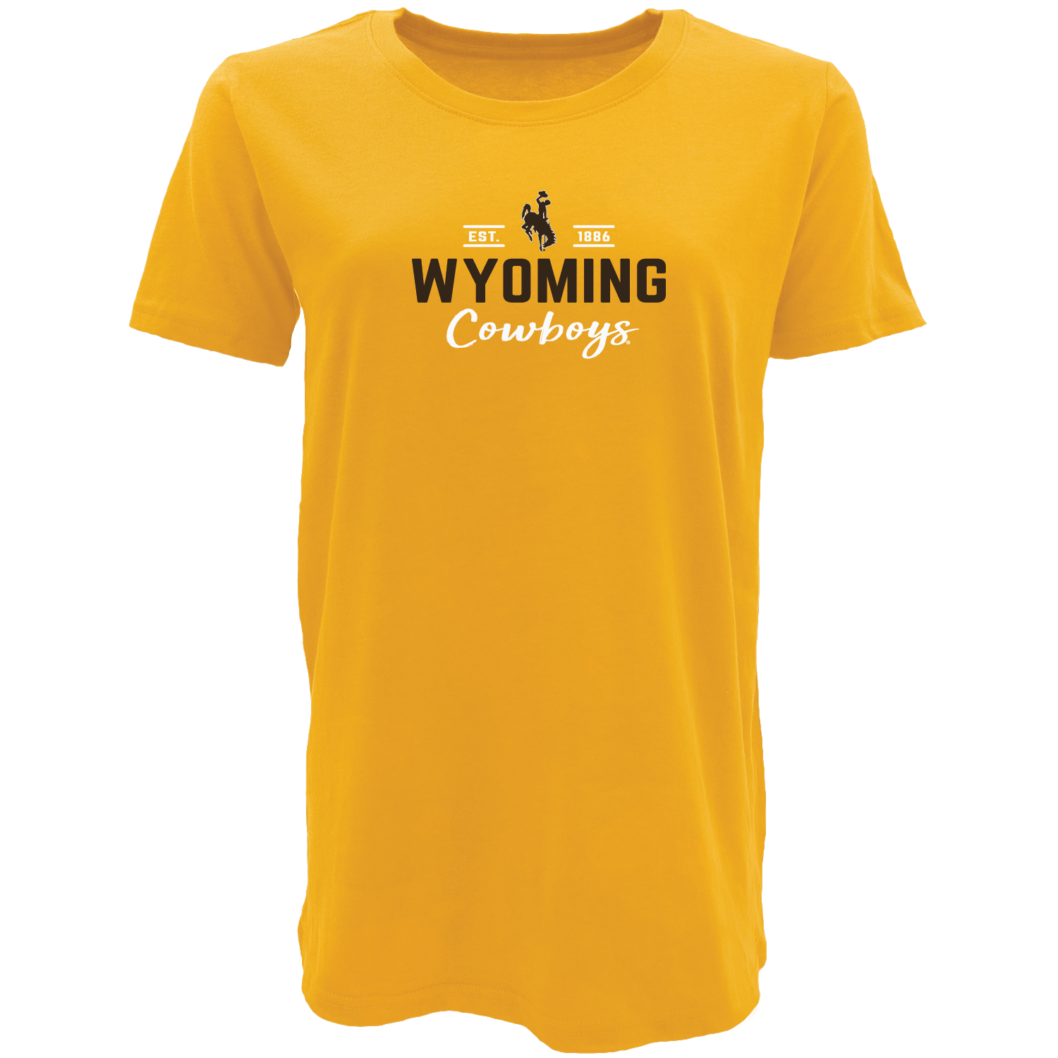 Yellow women's t-shirt with 'Wyoming Cowboys' text and bucking horse all center chest in brown and white