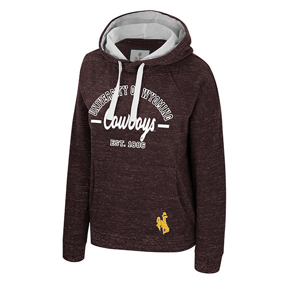 A women's heather maroon pullover hoodie with a white drawstring hood, featuring 'University of Wyoming Cowboys' printed in white on the chest and a small yellow bucking horse logo near the lower left hem.