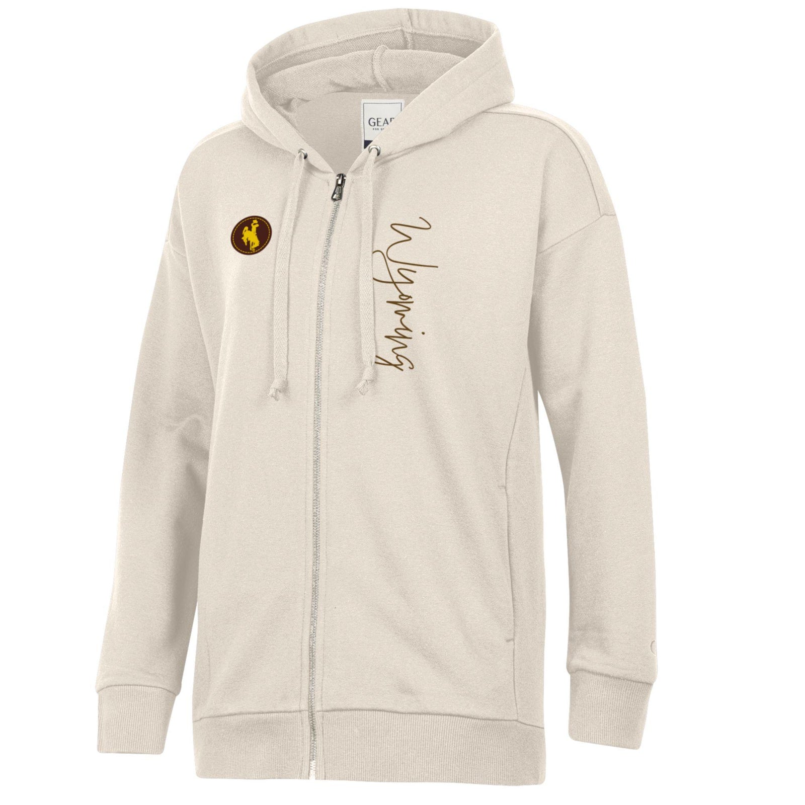Beige hoodie with bucking horse logo on left chest in brown and gold  and 'wyoming' script text  in brown on right chest. all on a white background