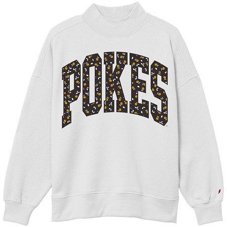 White mock neck crewneck with pokes lettering across the front in black with white and gold florals in the middle of the letters. Crew is pictured on a white background.