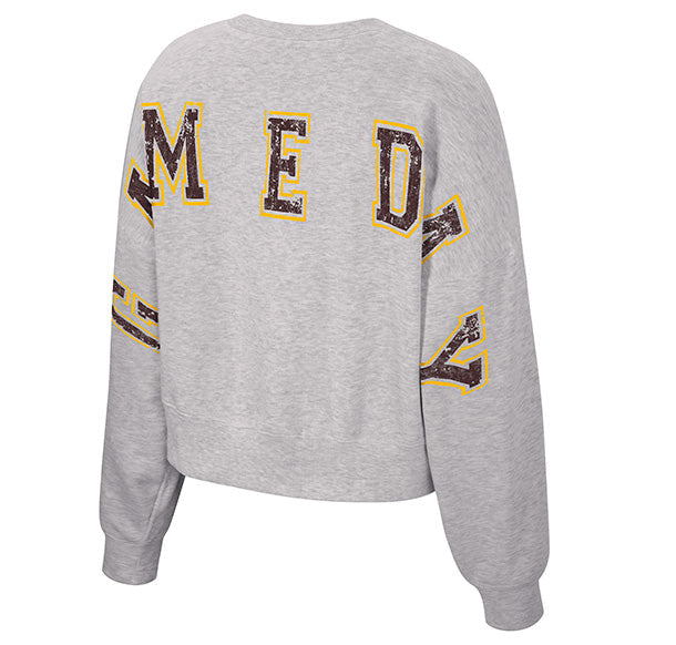 A light heather gray cropped sweatshirt shown from the back, featuring the word 'GAMEDAY' in dark brown varsity-style letters outlined in yellow across the upper back.