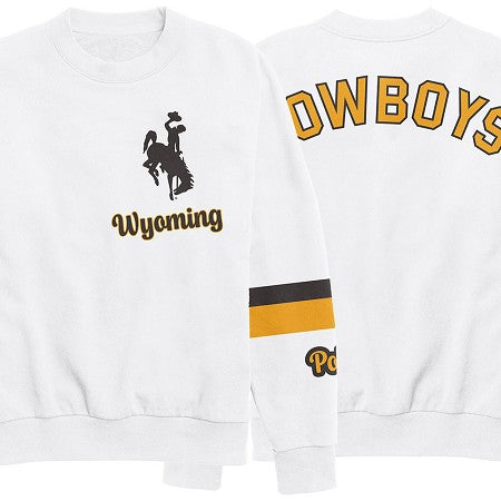 White sweatshirt shown from the front and back, featuring a brown bucking horse silhouette with 'Wyoming' text on the front, and 'COWBOYS' in yellow varsity letters on the back. The left sleeve has a brown and yellow stripe.