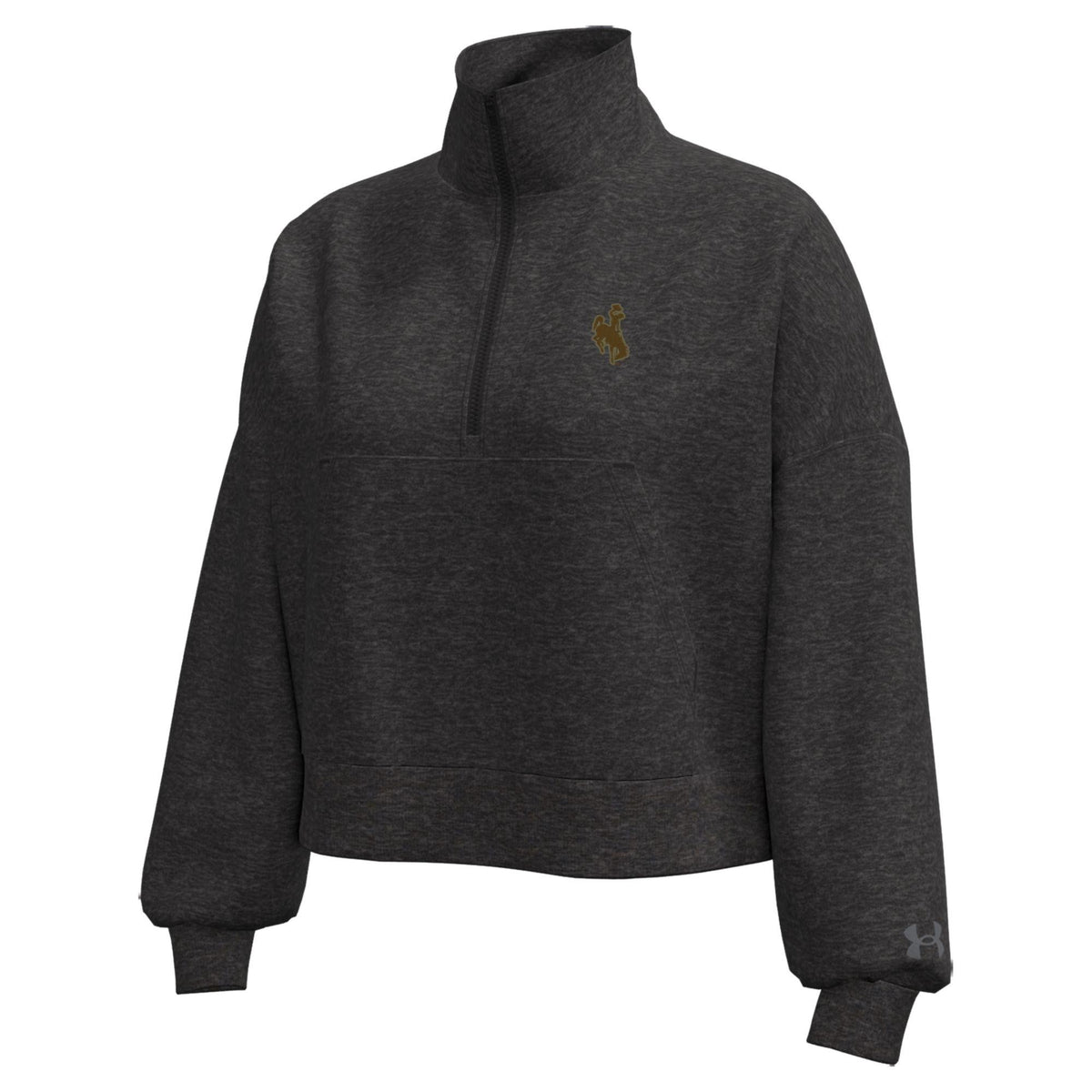 A dark heather gray quarter-zip pullover sweatshirt with a bucking horse logo on the left chest and a small gray Under Armour logo on the right sleeve cuff, shown on a plain white background.