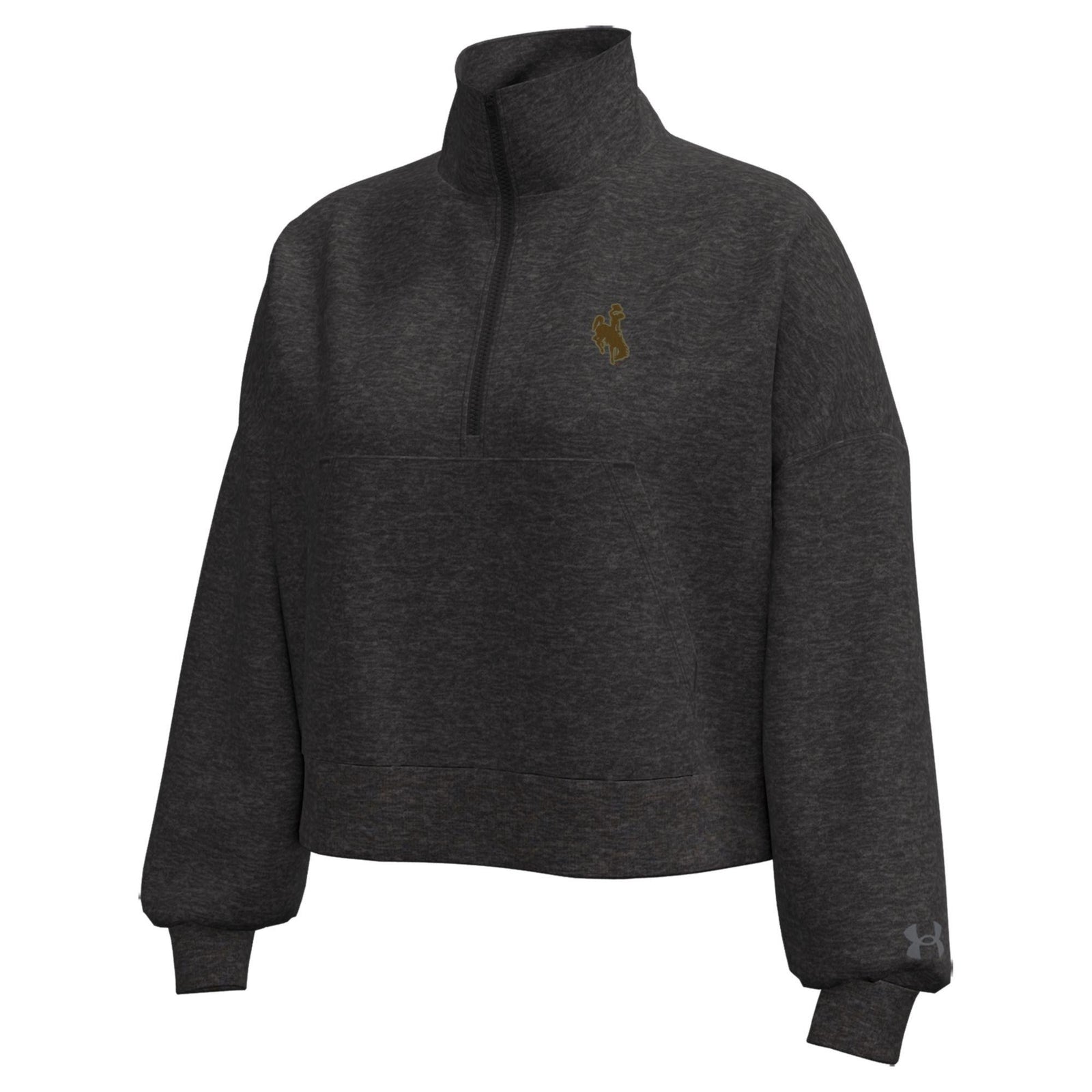 A dark heather gray quarter-zip pullover sweatshirt with a bucking horse logo on the left chest and a small gray Under Armour logo on the right sleeve cuff, shown on a plain white background.