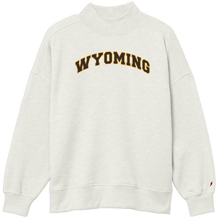 Oatmeal Heather mock neck crewneck with 'Wyoming' text center chest on a white background