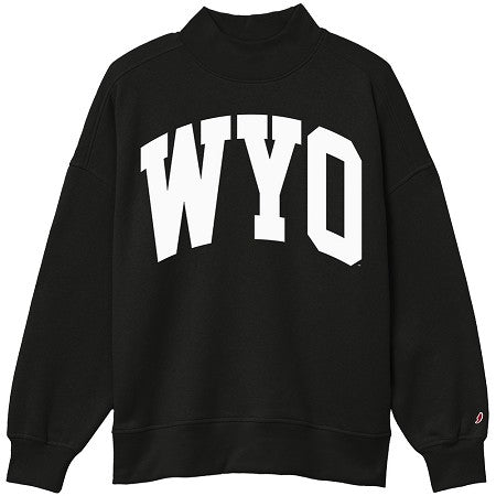 Black mockneck crewneck with big wyo letters on front in white and is pictured on a white background.