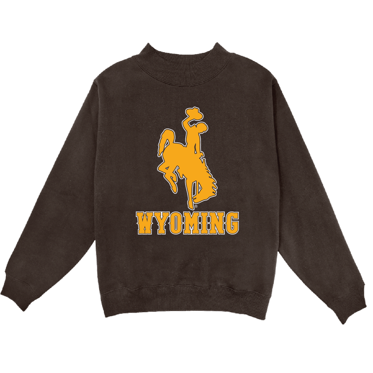 Brown mockneck crewneck with big gold bucking horse logo and wyoming lettering on the front. All pictured on a white background.