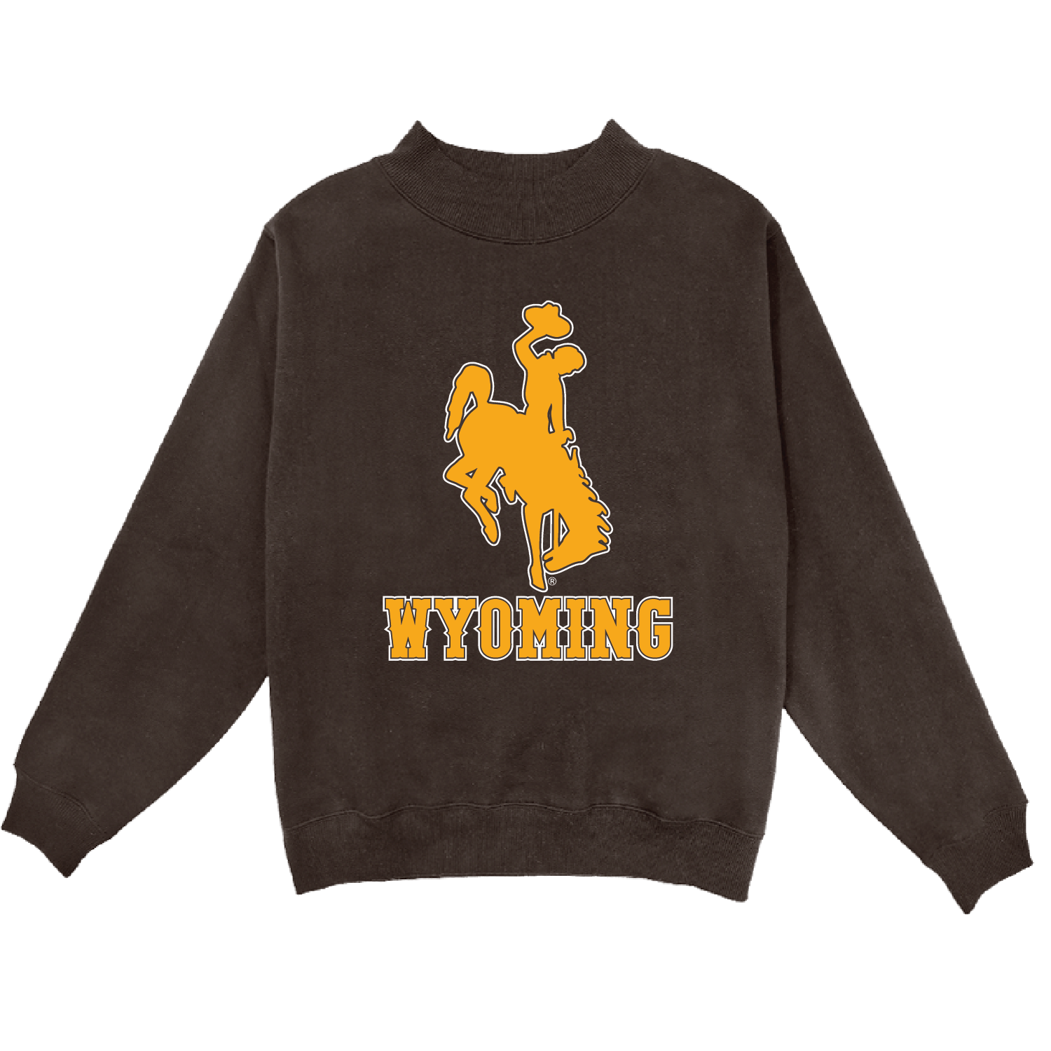 Brown mockneck crewneck with big gold bucking horse logo and wyoming lettering on the front. All pictured on a white background.