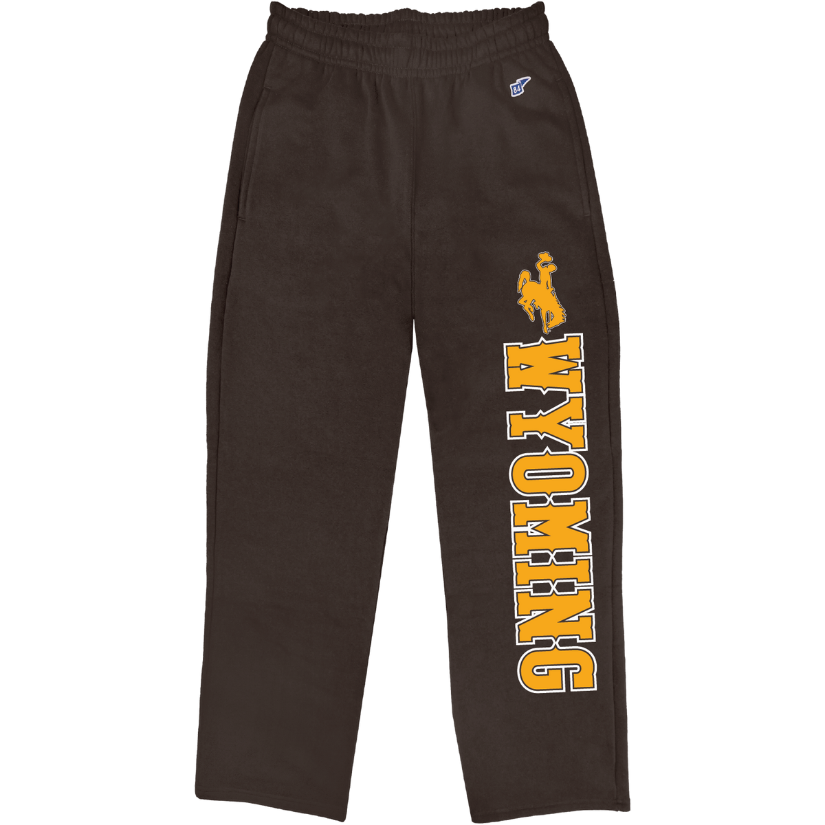 Brown sweatpants with bucking horse logo and wyoming lettering down left leg in gold and white.