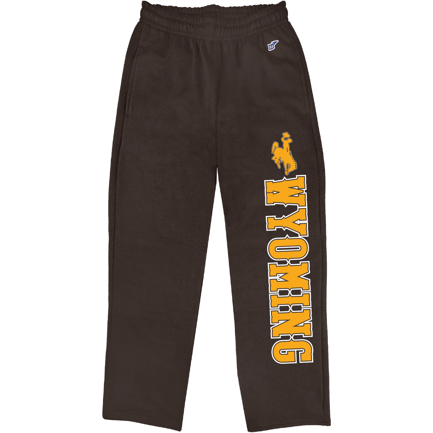 Brown sweatpants with bucking horse logo and wyoming lettering down left leg in gold and white.