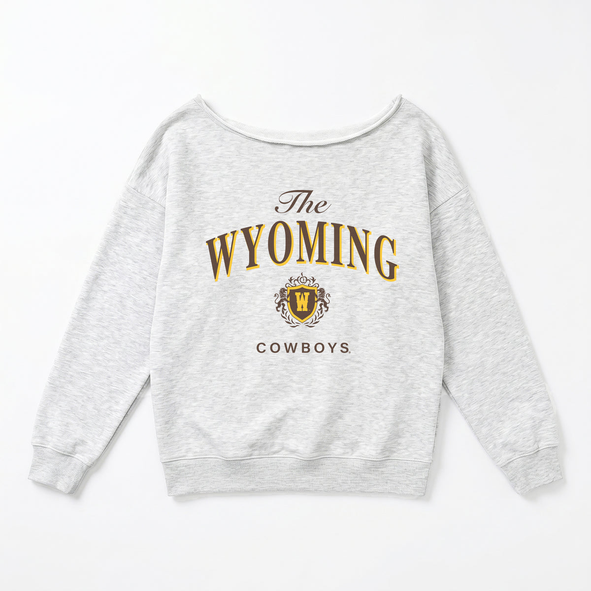 Gray sweatshirt with 'The Wyoming Cowboys' text and logo on a white background