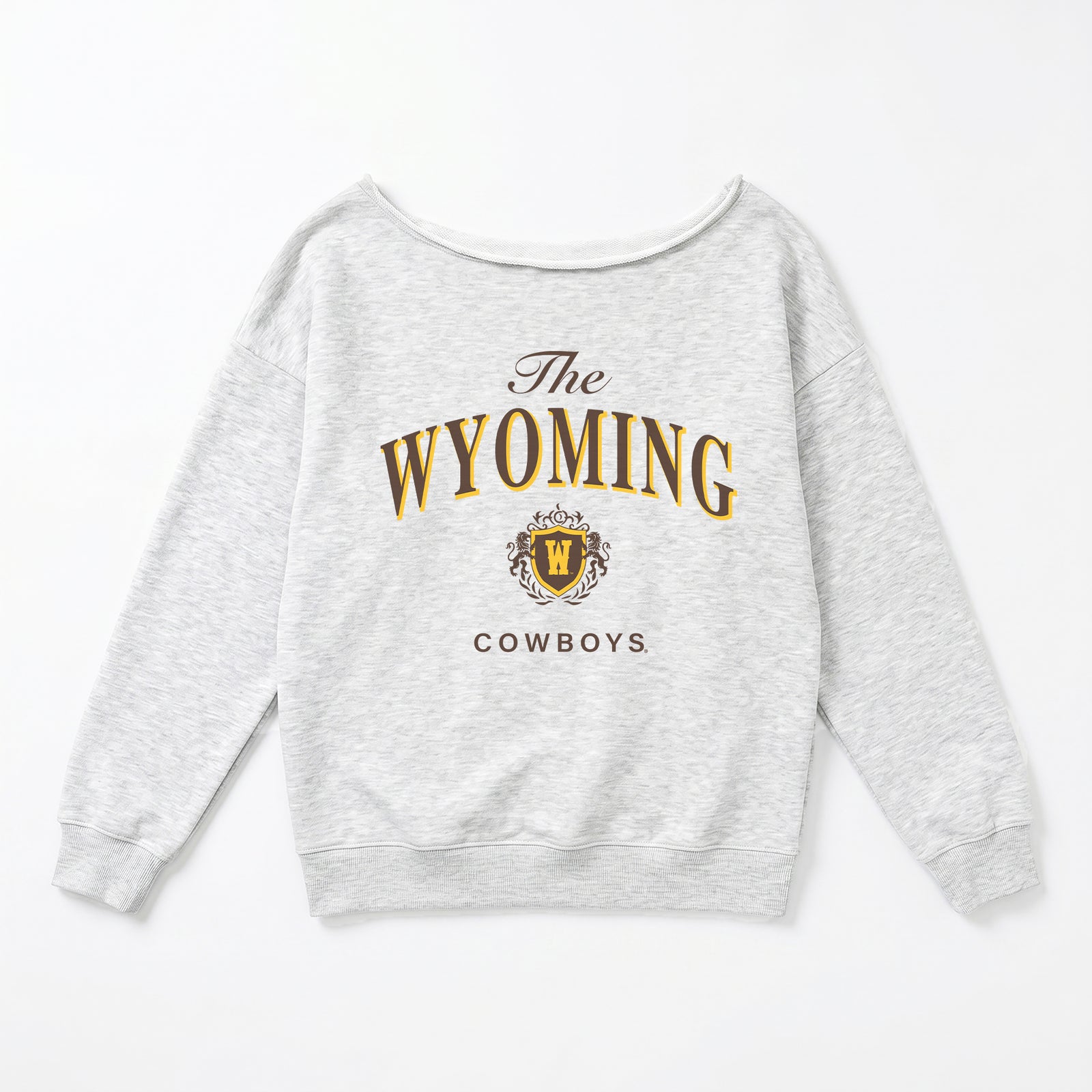 Gray sweatshirt with 'The Wyoming Cowboys' text and logo on a white background