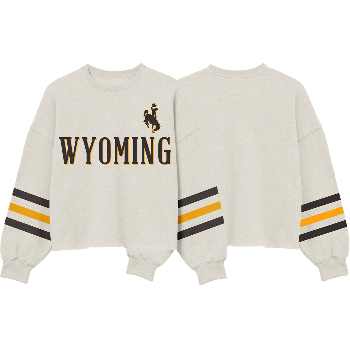 Front and back views of a cream-colored crewneck sweatshirt featuring 'WYOMING' in black block letters with a bucking horse logo above, and brown and gold stripes on the sleeves.
