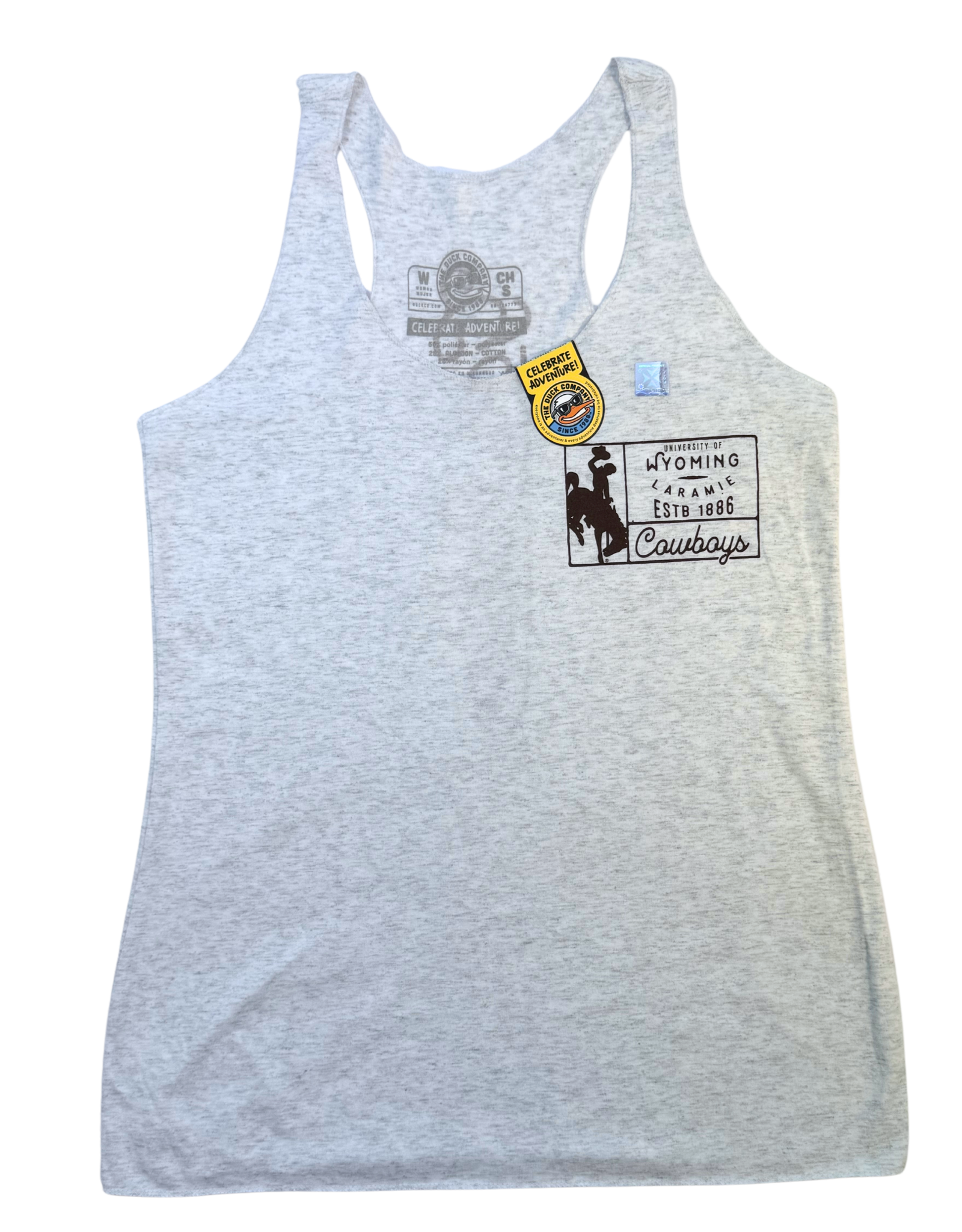 Gray tank top with wyoming logos and text in brown on the left chest all  on a white background