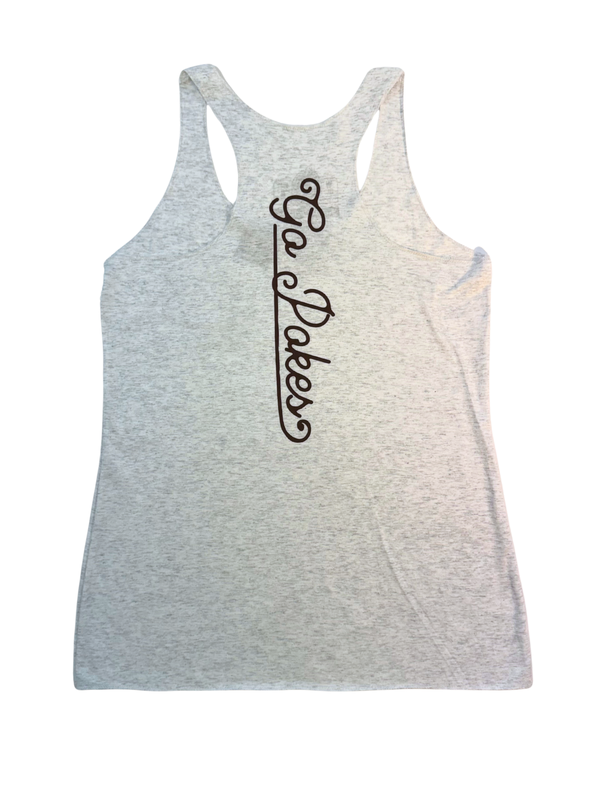 Gray tank top with 'Go Pokes' script in brown going down the back all on a white background