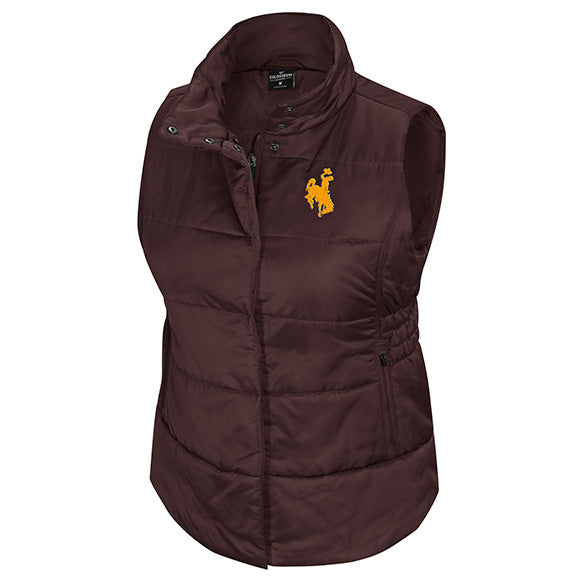 A sleeveless quilted puffer vest in dark brown with a small yellow western rider logo on the left chest, shown against a plain white background.