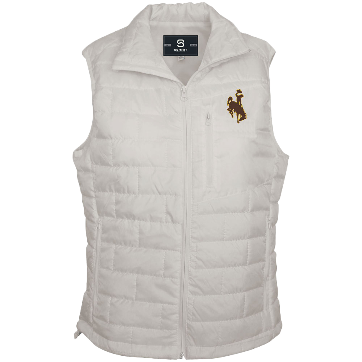 White vest with bucking horse logo on left chest in brown with gold outline. Pictured on a white background.