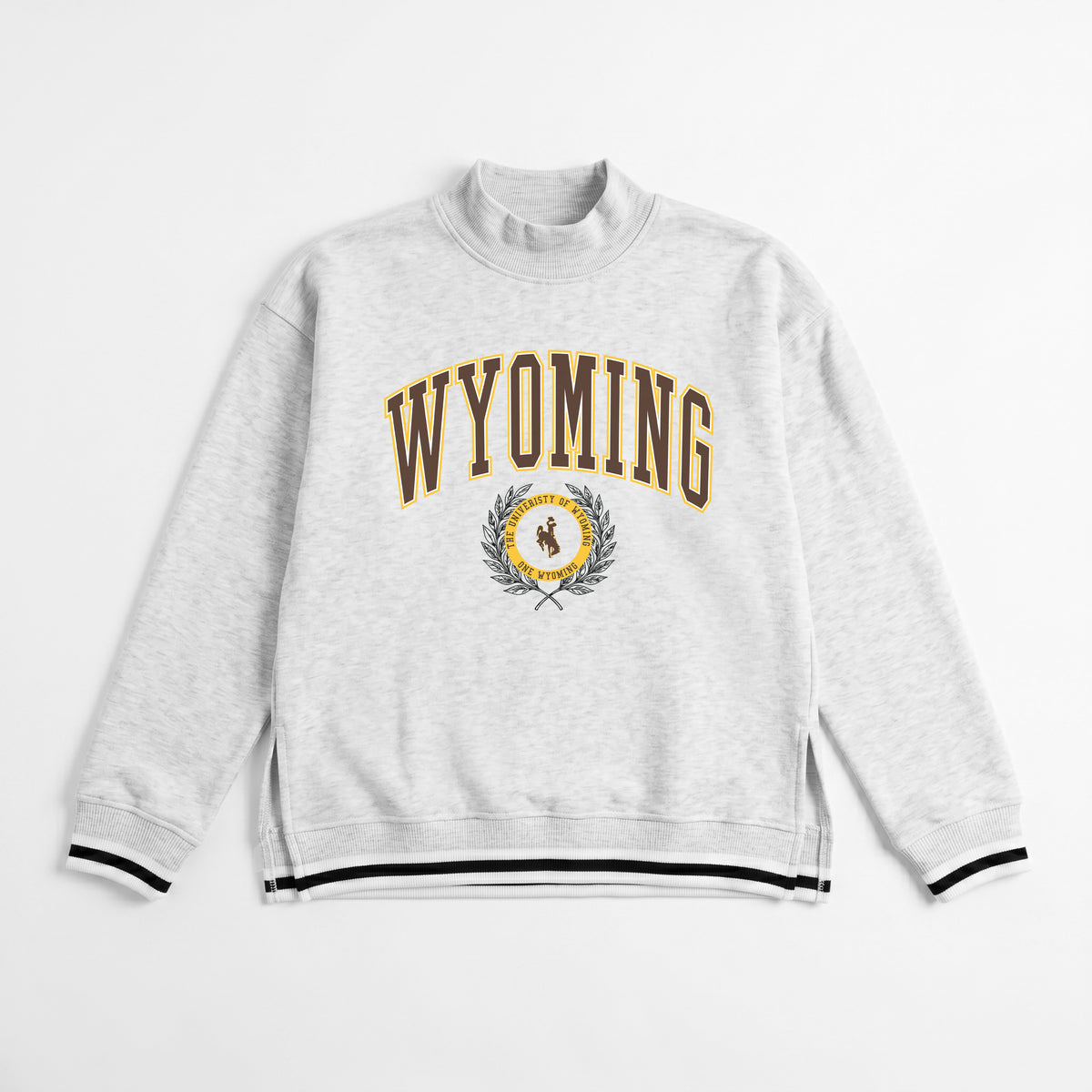 Gray sweatshirt with 'Wyoming' text and logo in brown and gold pictured on a white background