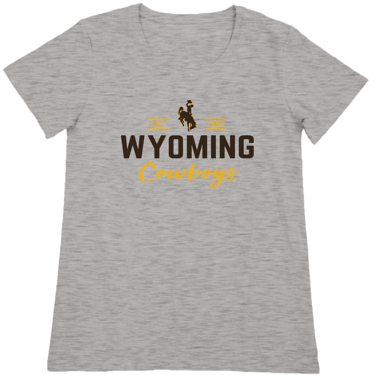 Grey short sleeve tee with bucking horse logo and wyoming cowboys lettering on the front in brown and gold.