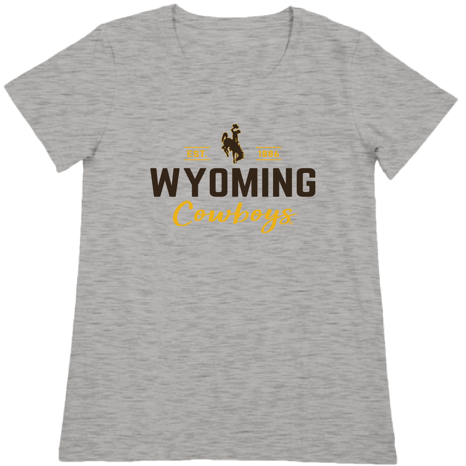 Grey short sleeve tee with bucking horse logo and wyoming cowboys lettering on the front in brown and gold.