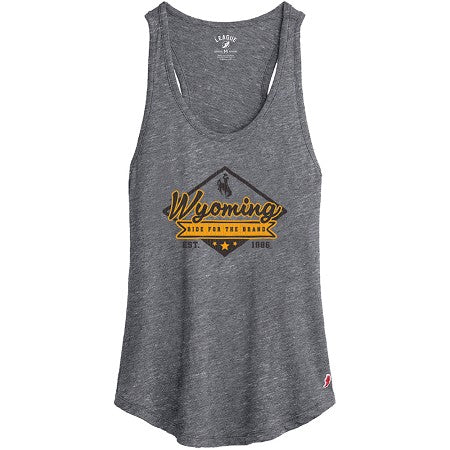 Gray tank top with 'Wyoming' and 'ride for the brand' with bucking horse logo all in brown and gold on center chest. 
