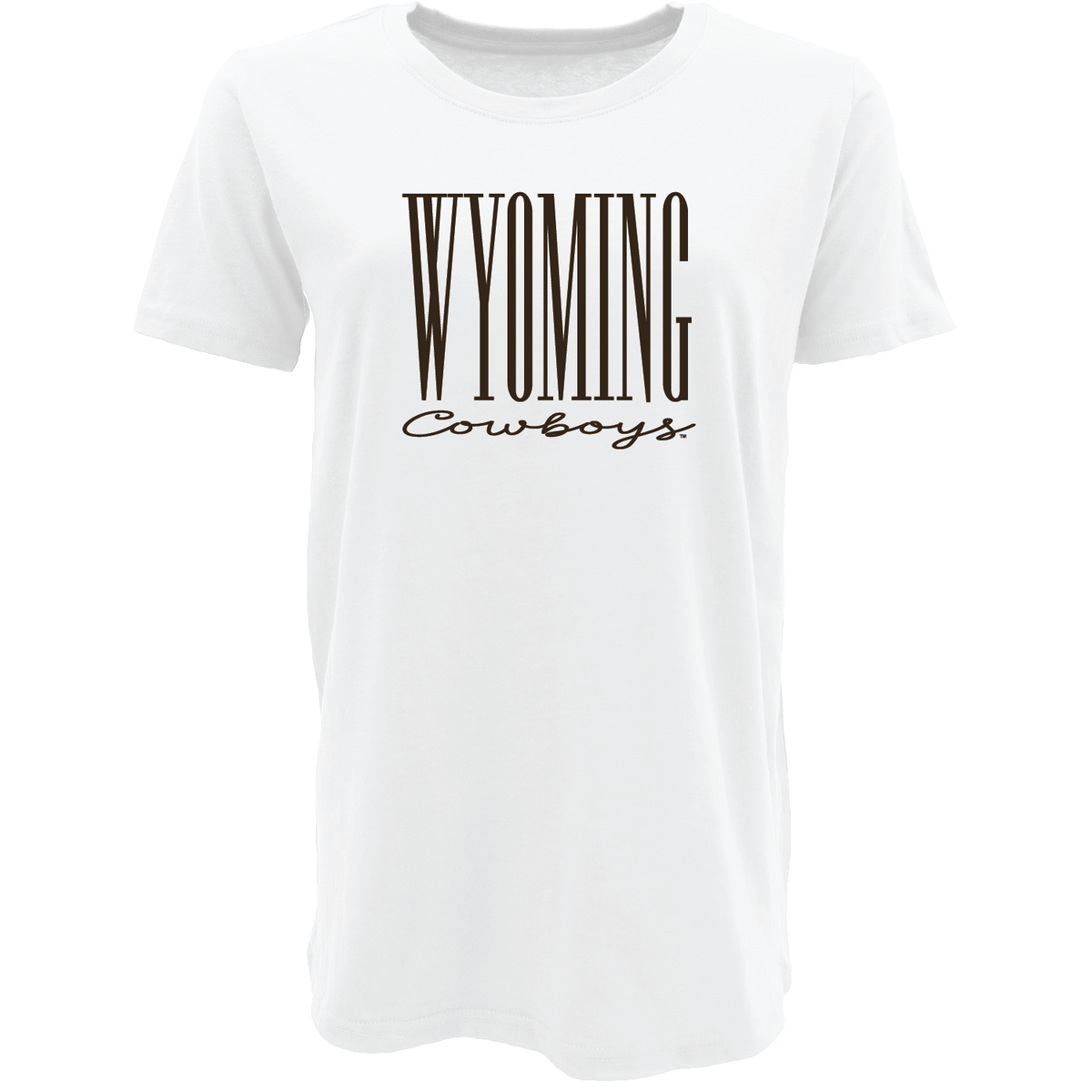 White womens t-shirt with 'Wyoming Cowboys' text in brown center chest