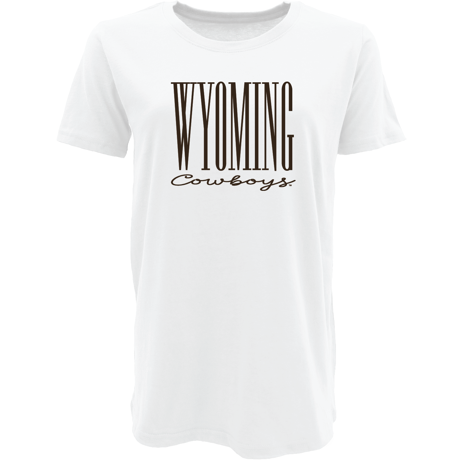 White womens t-shirt with 'Wyoming Cowboys' text in brown center chest