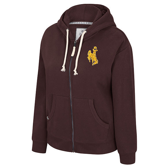 Brown hooded full zip sweatshirt with gold bucking horse logo on left chest and white strings. Pictured on a white background.