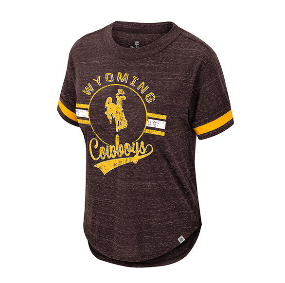 A dark brown heathered short-sleeve t-shirt with a yellow and white 'Wyoming Cowboys' graphic on the front, displayed on a clean white background.