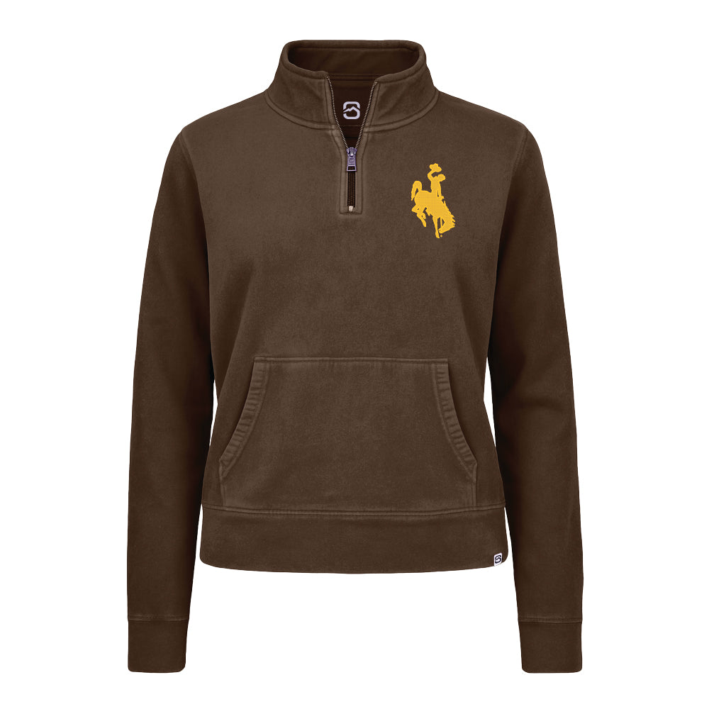 A dark brown quarter-zip sweatshirt with a small yellow embroidered logo of a cowboy on a bucking horse on the left chest, displayed on a clean white background.