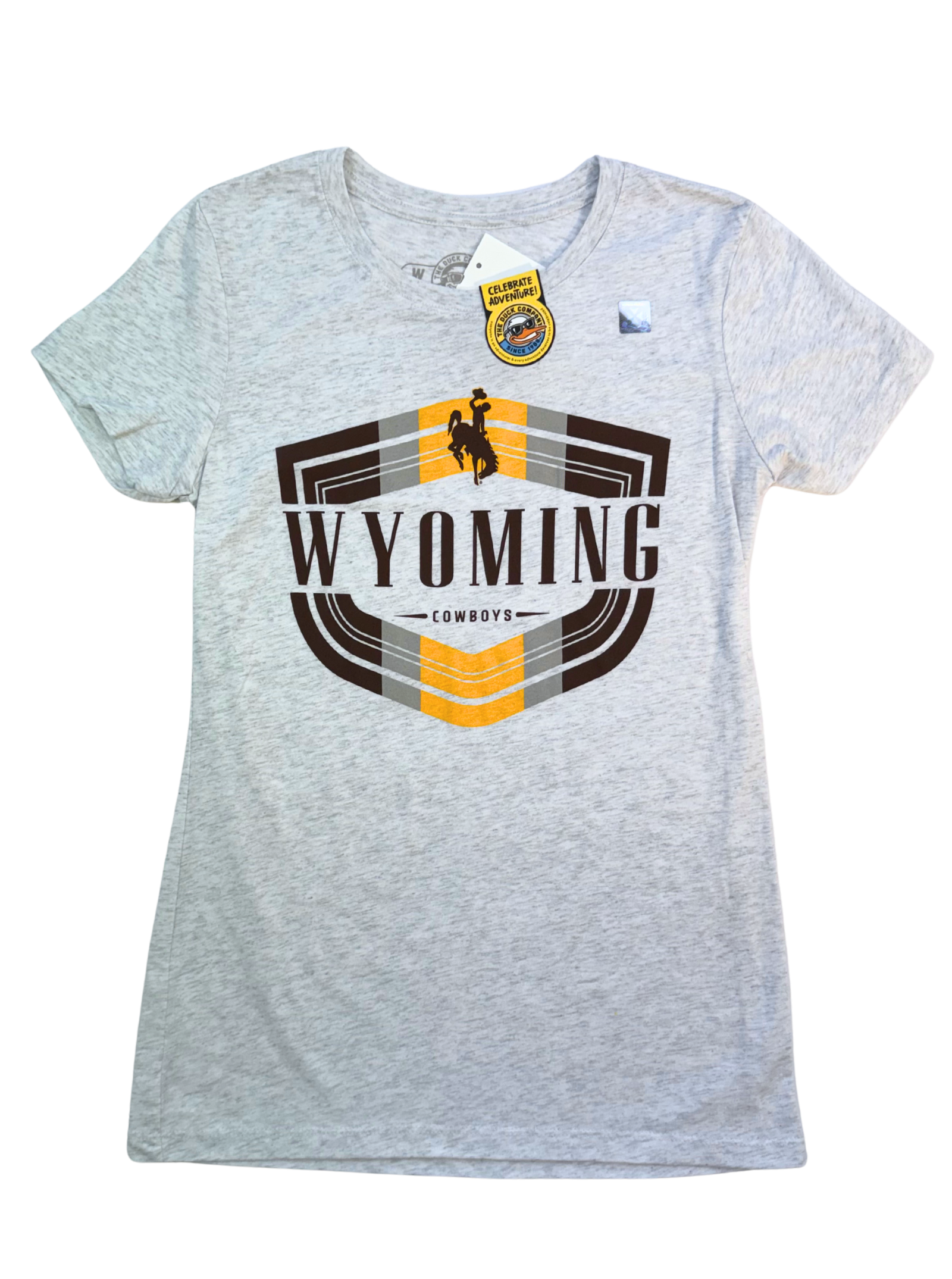 Gray women's t-shirt with 'Wyoming Cowboys' graphic with bucking horse all in brown, gold, and grey.