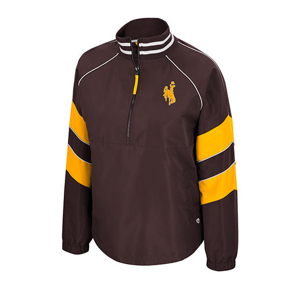 A dark brown quarter-zip pullover jacket with yellow and white sleeve stripes and a yellow horse logo on the left chest, shown against a plain white background.