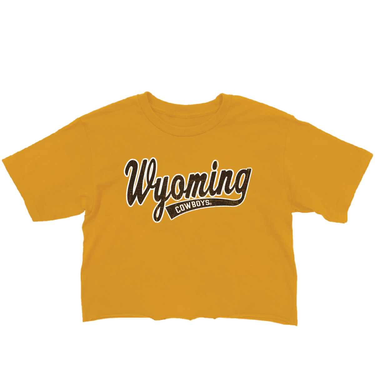Yellow cropped women's t-shirt with 'Wyoming Cowboys' text in brown with white outline all center chest