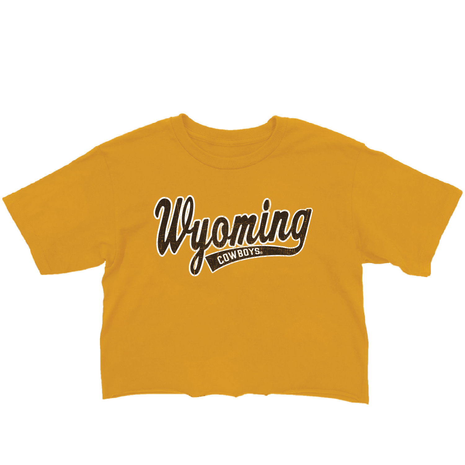 Yellow cropped women's t-shirt with 'Wyoming Cowboys' text in brown with white outline all center chest