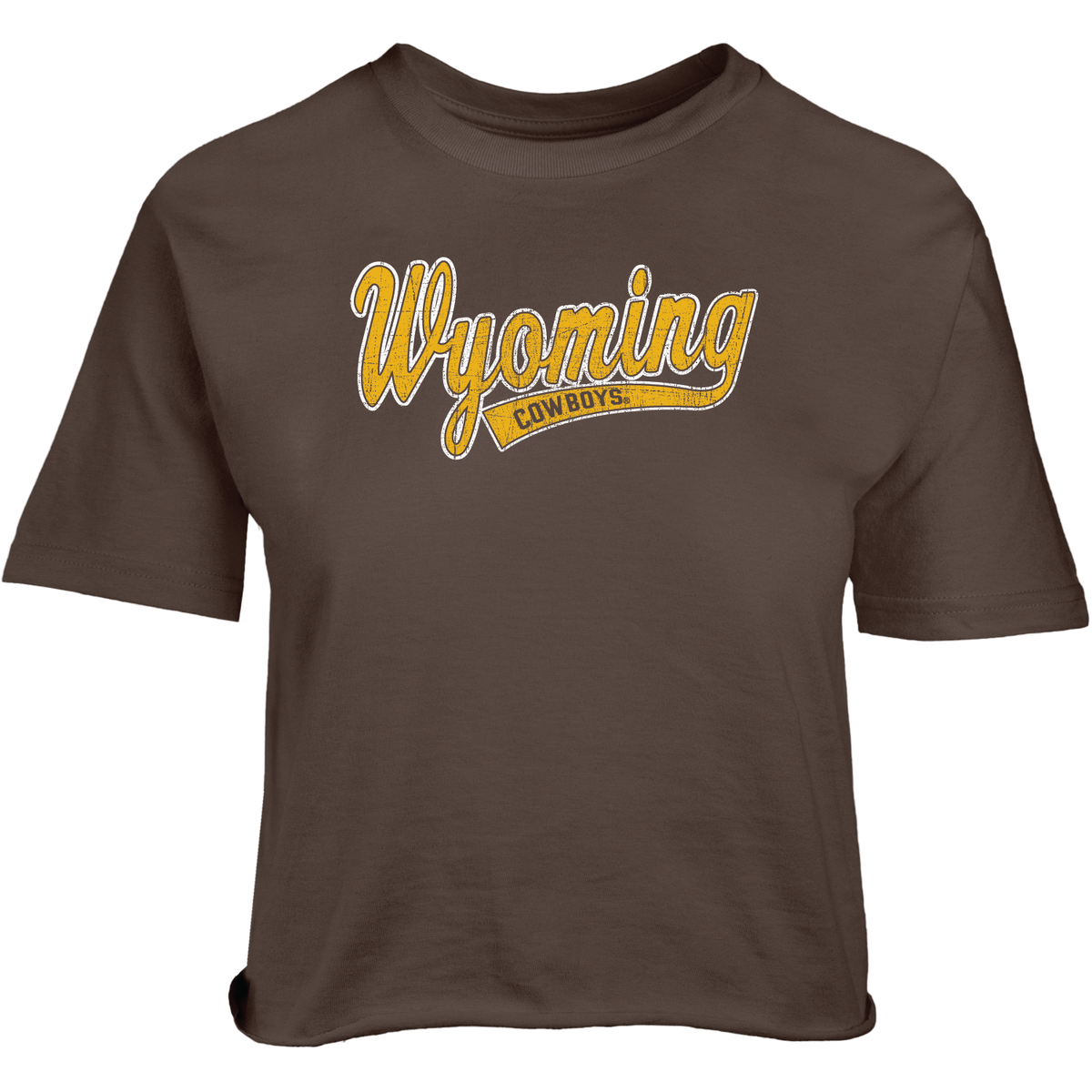 Brown women's cropped t-shirt with 'Wyoming Cowboys' text in yellow with a white outline all center chest