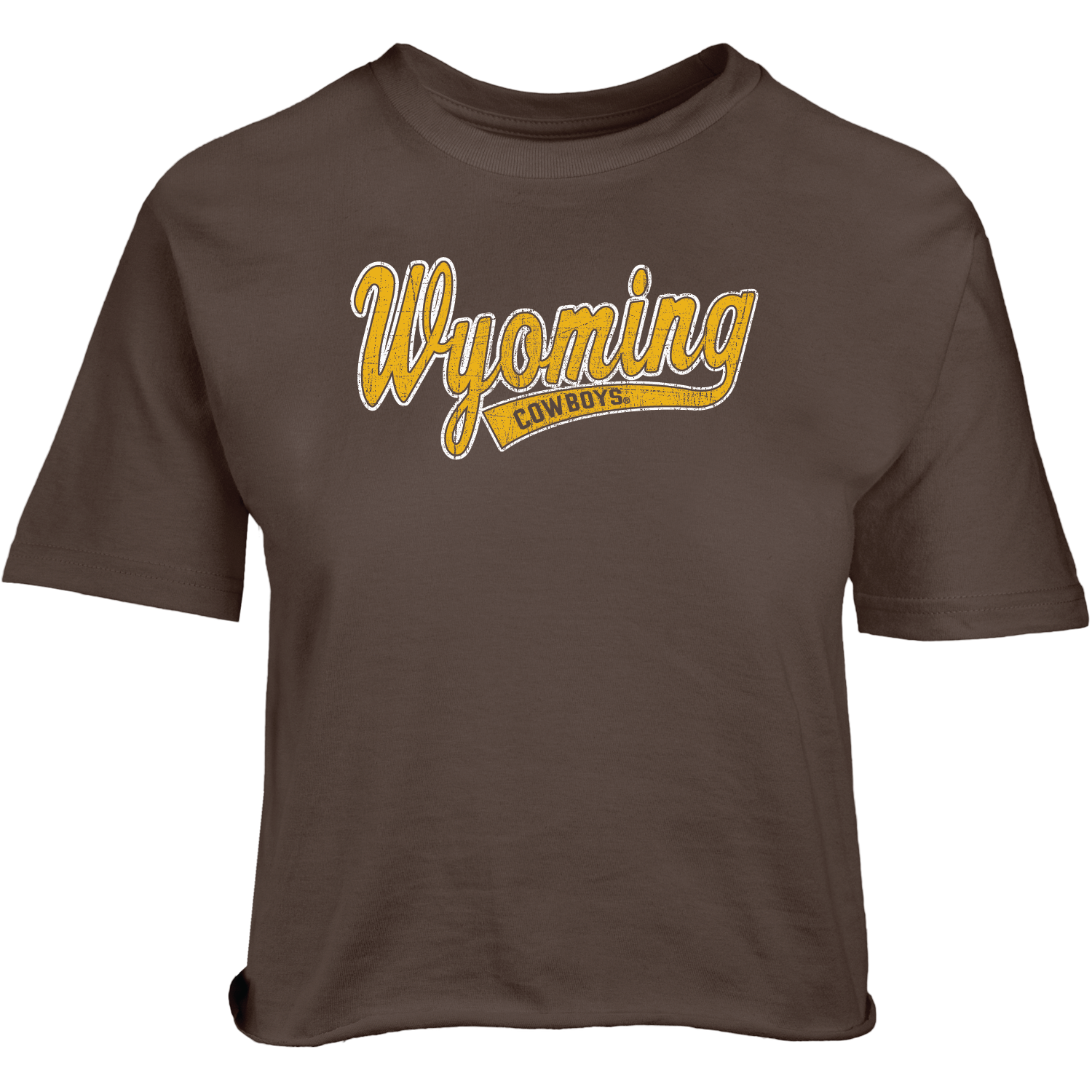Brown women's cropped t-shirt with 'Wyoming Cowboys' text in yellow with a white outline all center chest