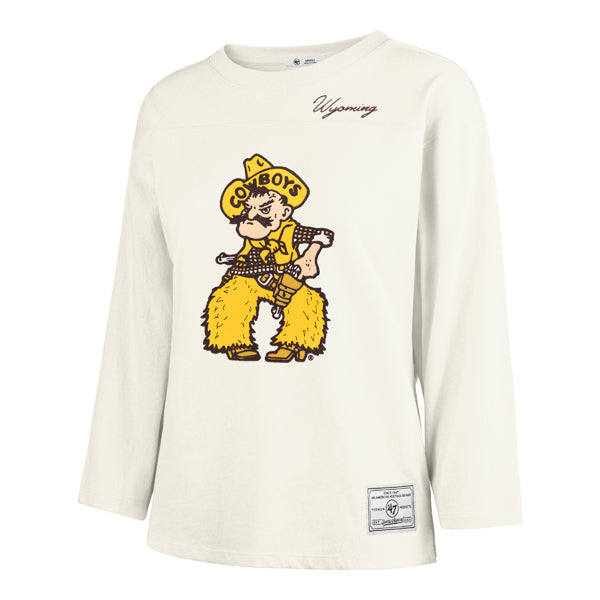 An off-white long-sleeve t-shirt featuring a cartoon cowboy graphic on the front with the text 'Cowboys' and 'Wyoming'.