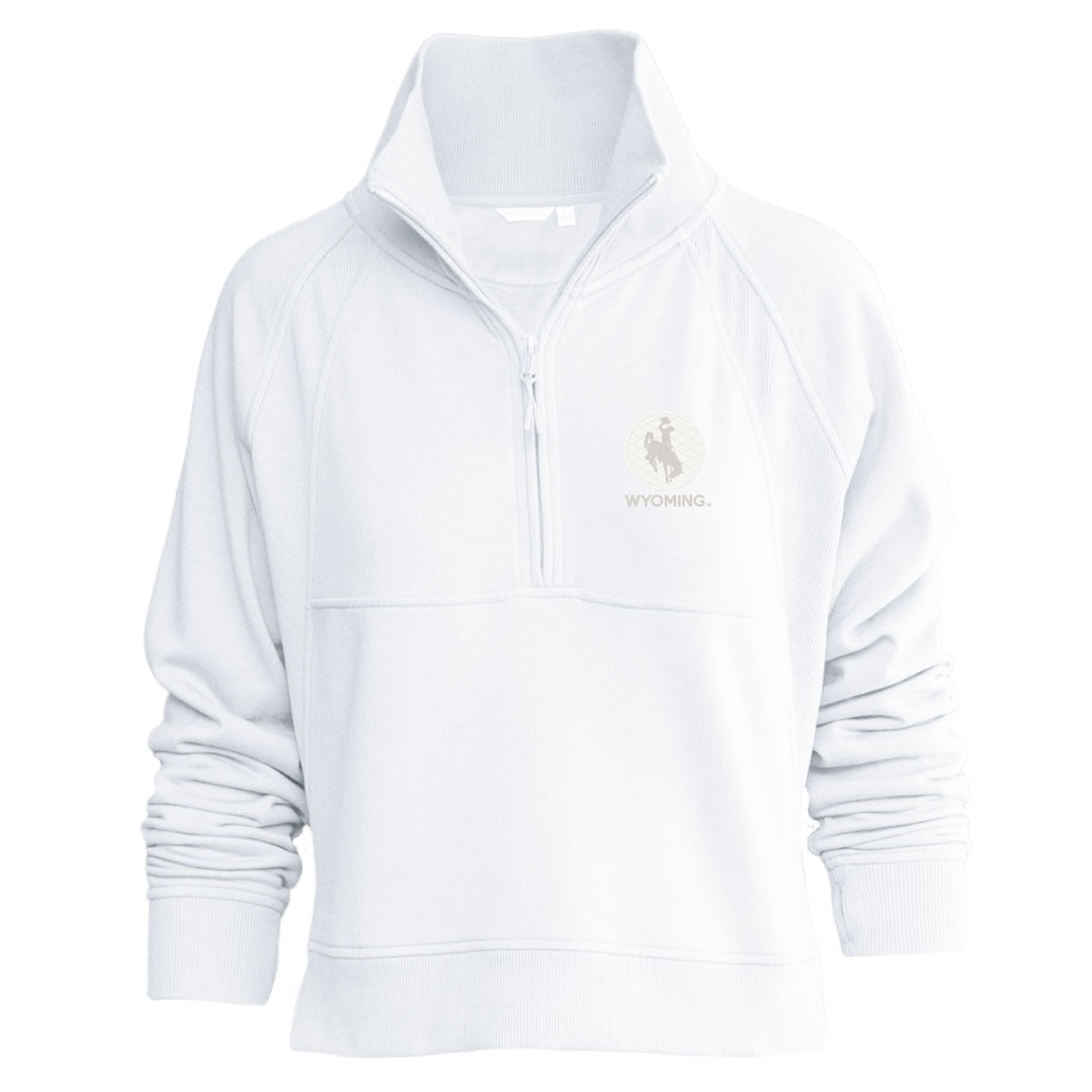 A white long-sleeve quarter-zip pullover sweatshirt with a stand-up collar and a small Wyoming Cowboys logo on the left chest, displayed on a clean white background.