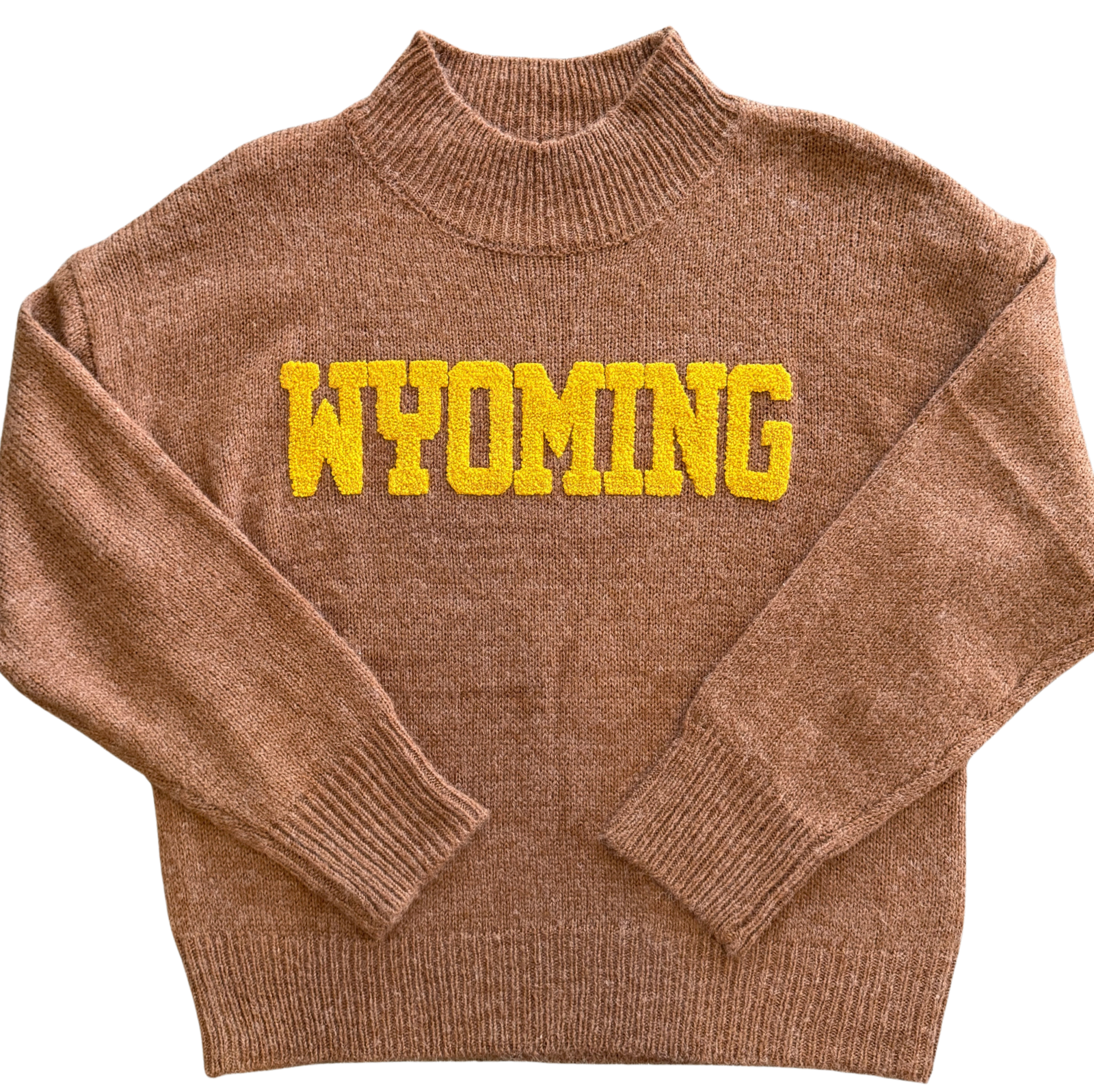Brown turtle neck sweater with gold wyoming lettering across the front. Pictured on a white background.