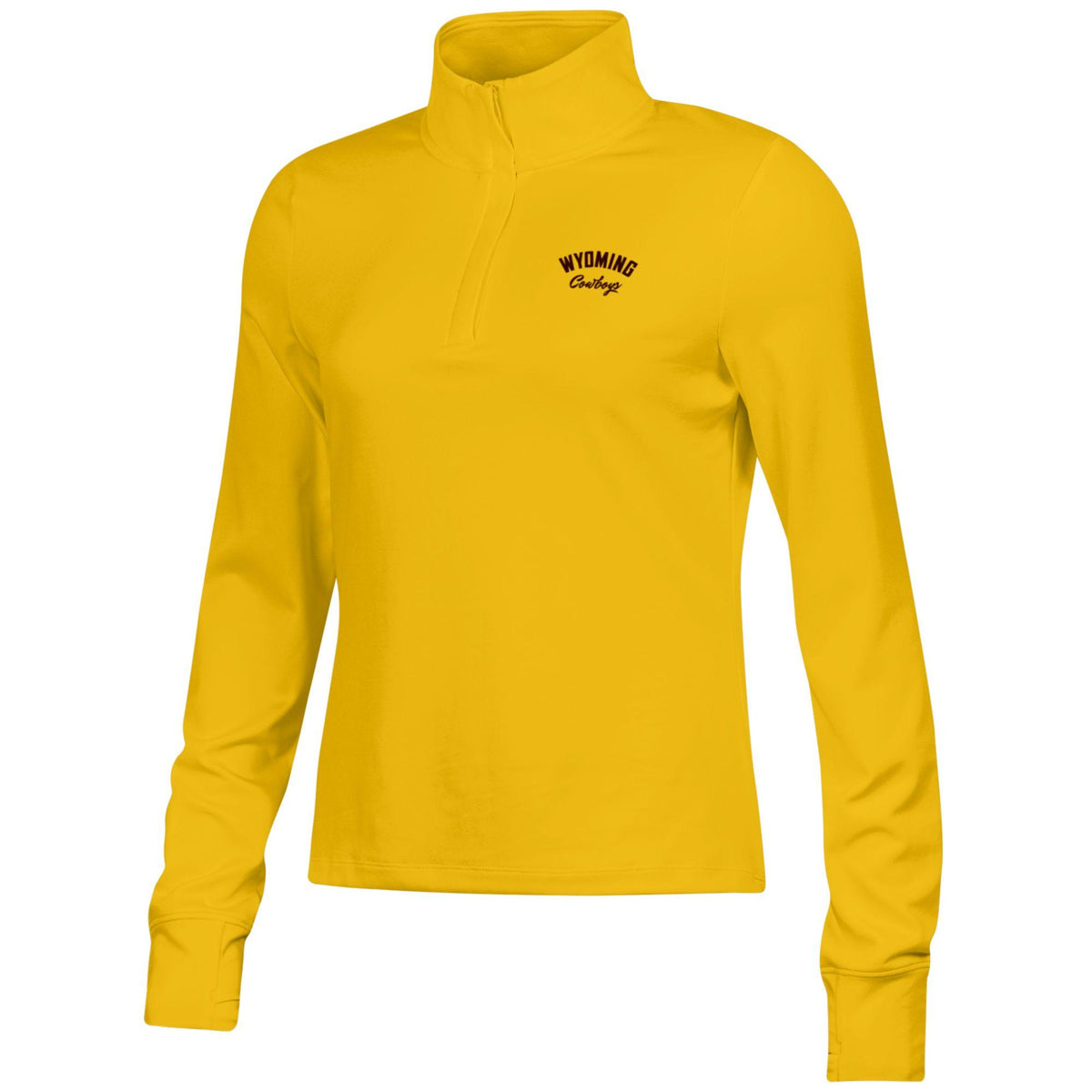 A gold long-sleeve quarter-zip pullover with a mock neck collar and a brown 'Wyoming Cowboys' logo printed on the left chest, shown on a plain white background.