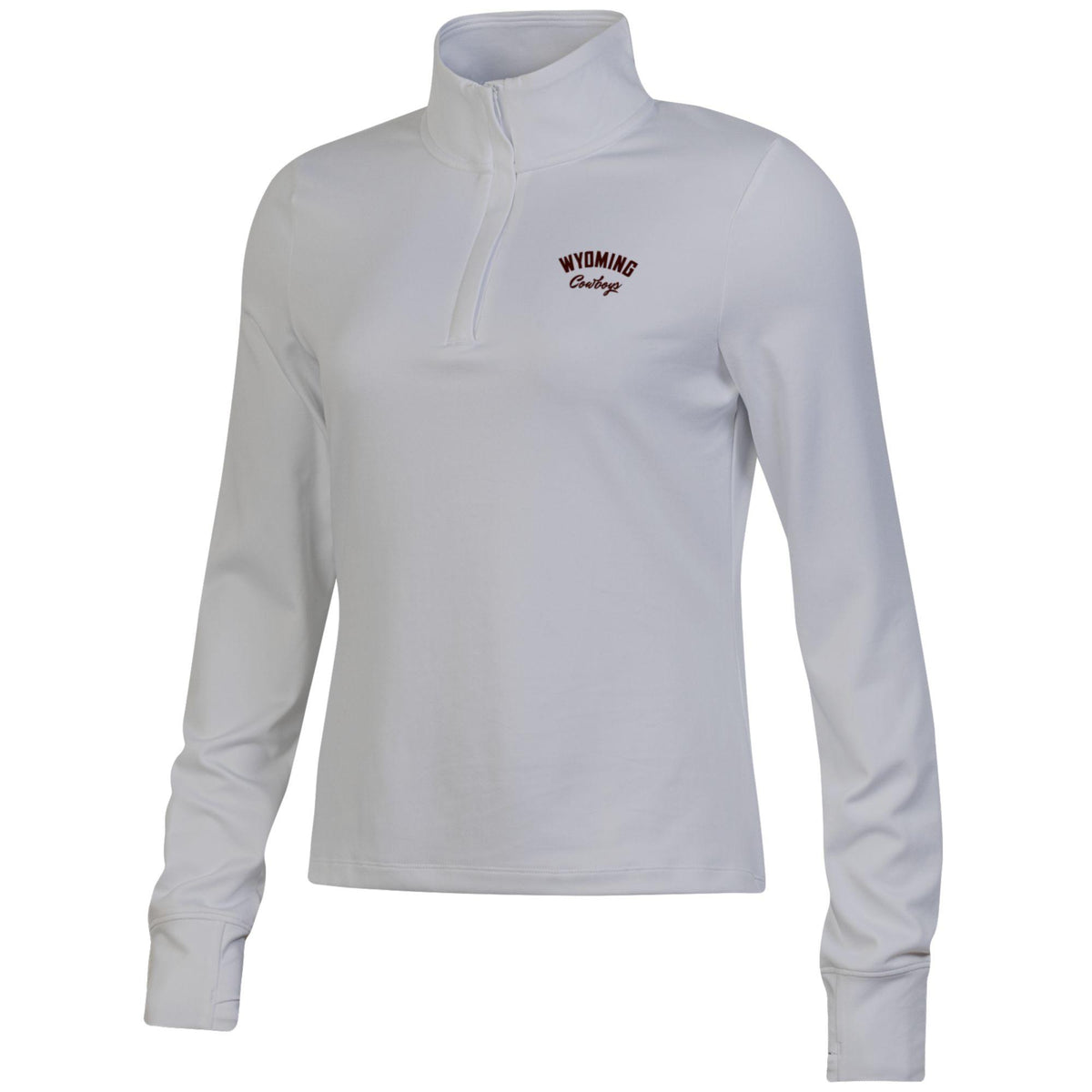 A grey long-sleeve quarter-zip pullover with 'Wyoming Cowboys' embroidered in brown on the left chest, shown on a plain white background.