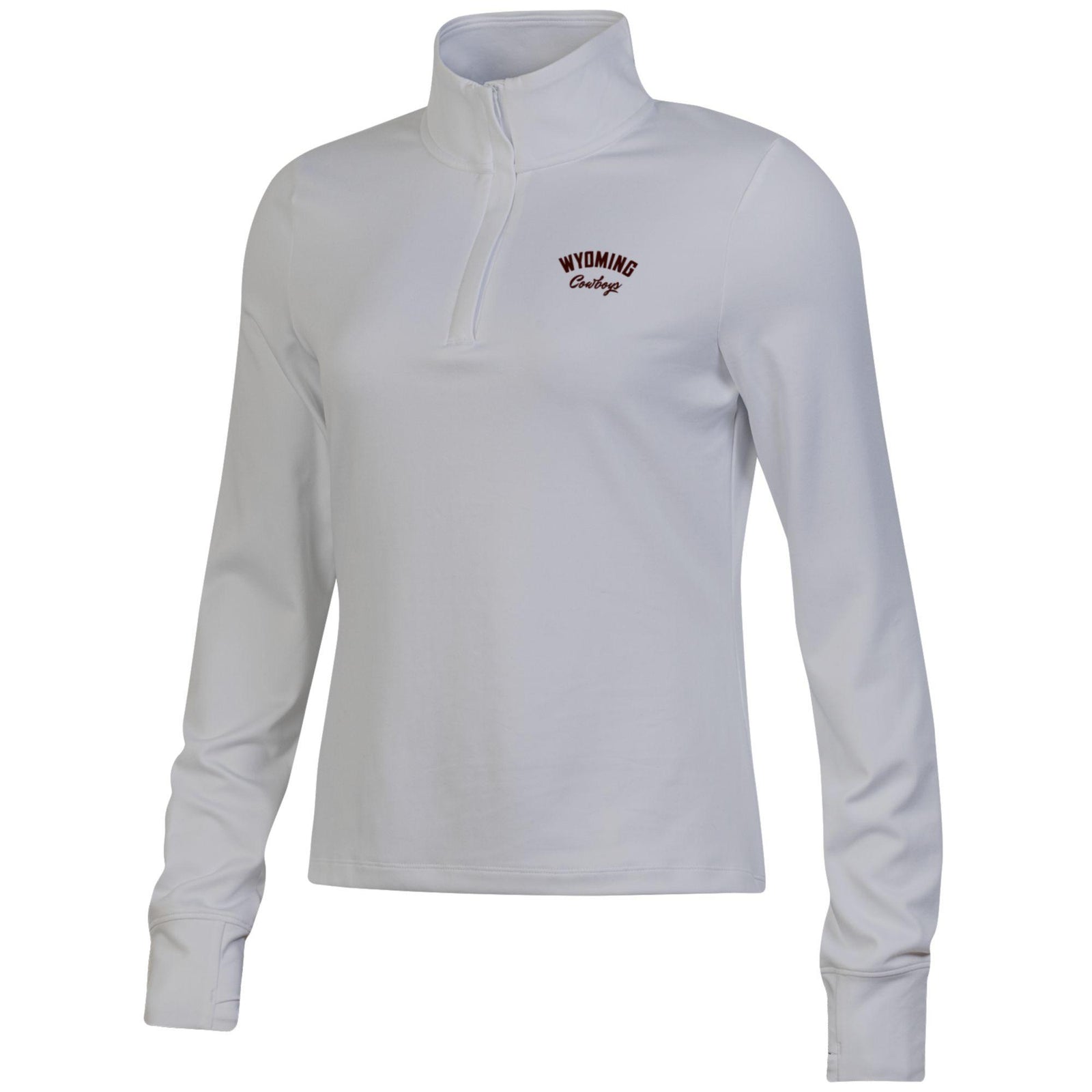 A grey long-sleeve quarter-zip pullover with 'Wyoming Cowboys' embroidered in brown on the left chest, shown on a plain white background.