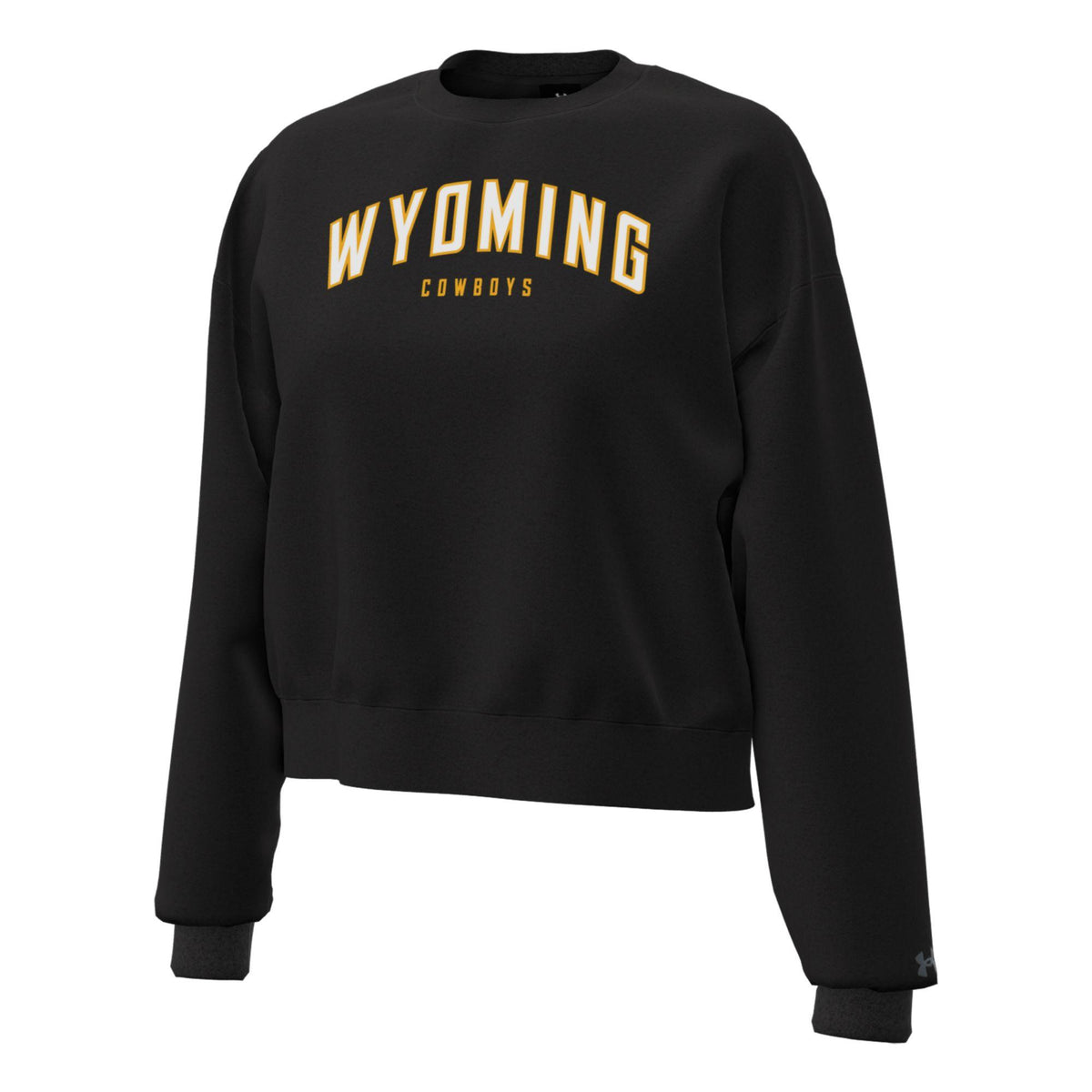 Black crewneck with 'wyoming cowboys' on the chest in white and gold. Pictured on a white background.
