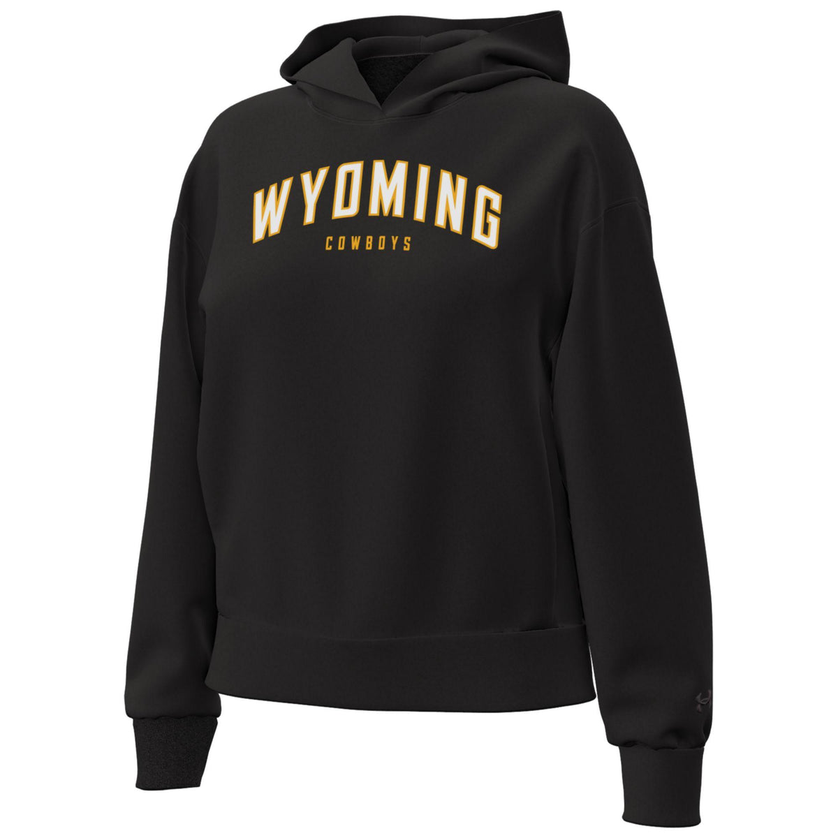 A black pullover hoodie featuring 'WYOMING COWBOYS' printed in gold and white arched lettering across the chest, shown on a plain white background.