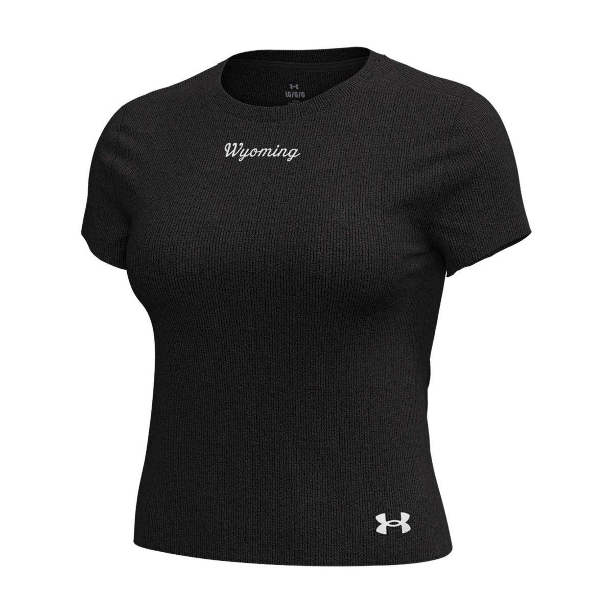 A black short-sleeve ribbed athletic t-shirt with 'Wyoming' printed in white script on the chest and the Under Armour logo on the bottom right, shown on a plain white background.
