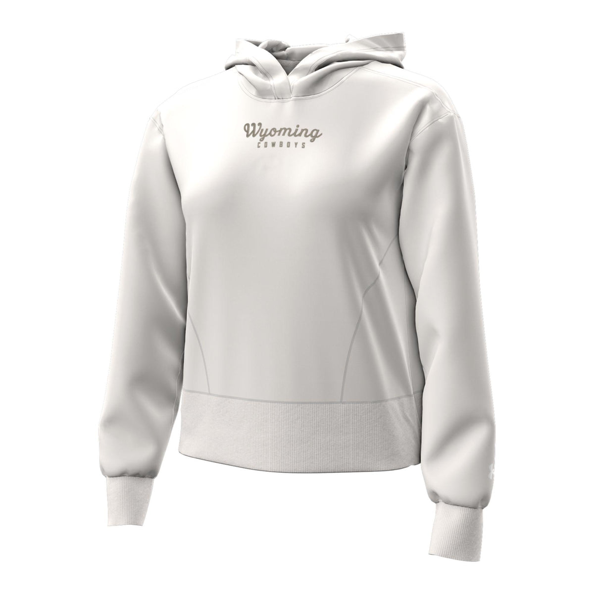 White women's hooded sweatshirt. Has Wyoming Cowboys on the front chest in light grey. Pictured on a white background.